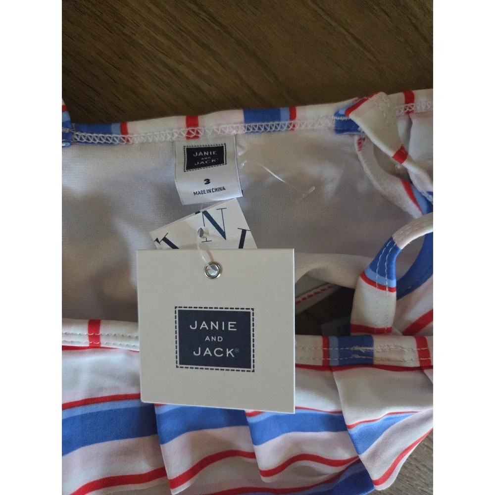 Janie and Jack Girls Size‎ 3 Red White Blue Striped Ruffle Bikini Swim Top NWT